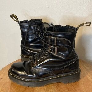 dr. Martens double buckle leather lace up zip leather boots
